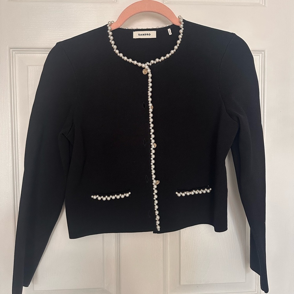 Sandro Black Cardigan with Pearl-Trim and Gold Medallion buttons